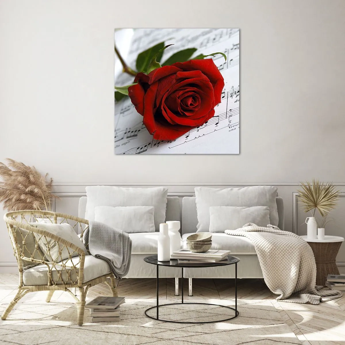 Glastavla - Bild på glas - Känslornas musik i scharlakansröd - 70x70 cm