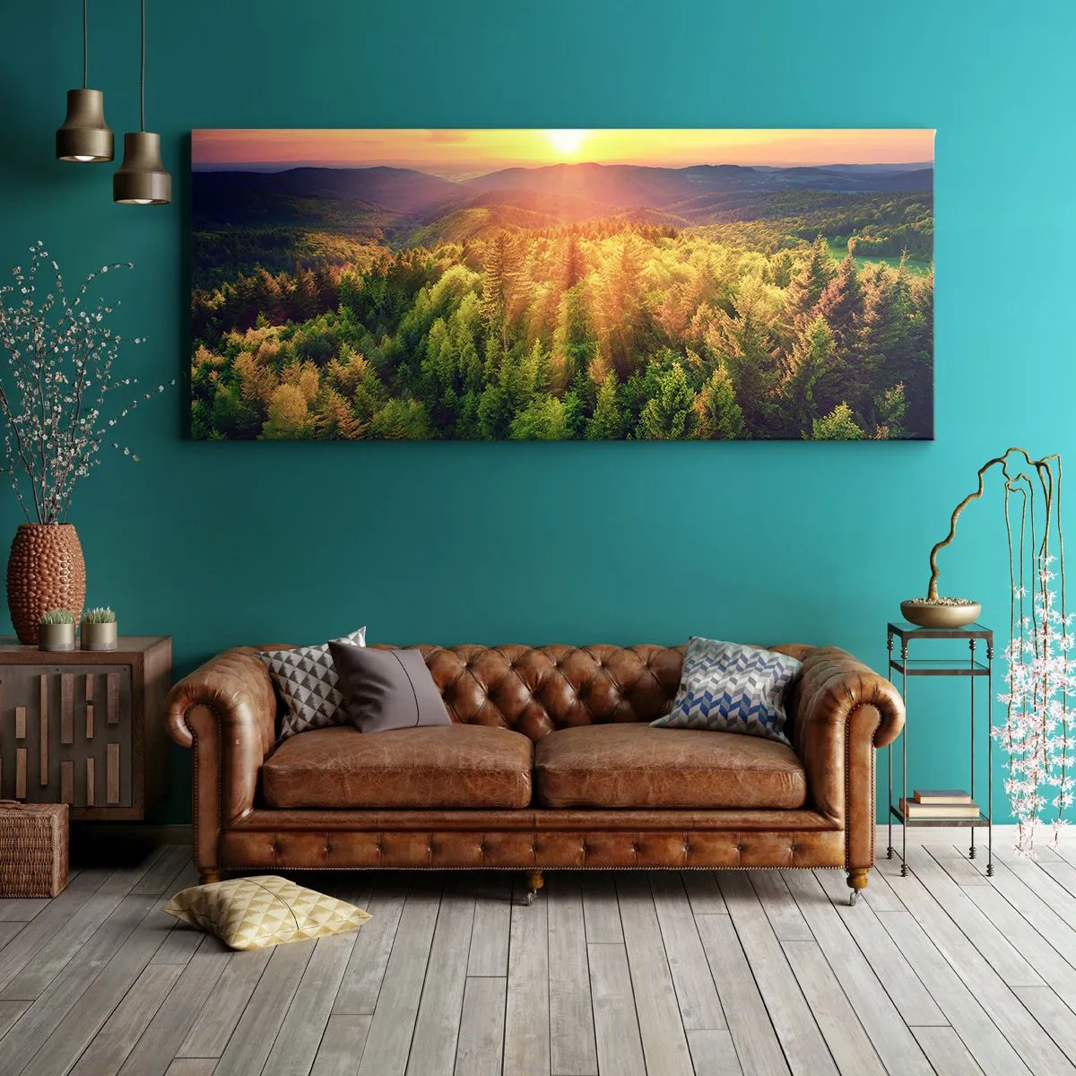 Canvastavla - Bild på duk - Trädtoppar och bergstoppar - 100x40 cm