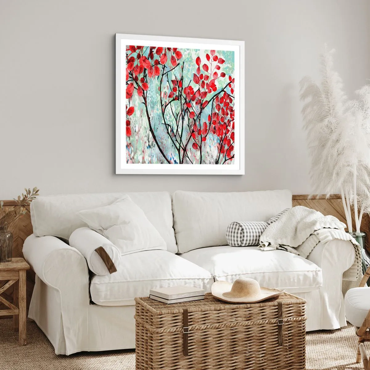 Affisch i vit ram - Träd i scharlakansröd - 60x60 cm