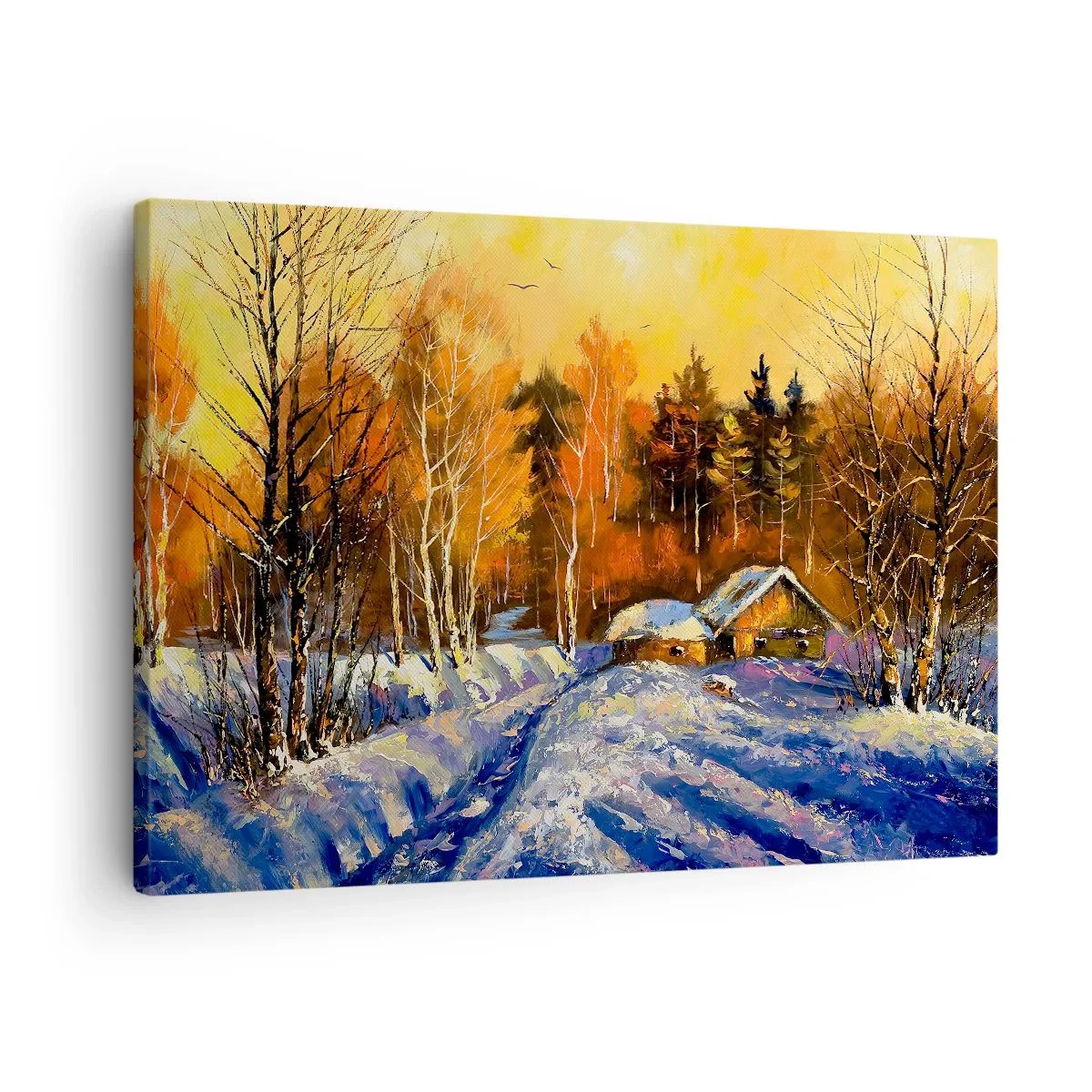 Canvastavla - Bild på duk - Vinterlandskap med ett hus i ljuset av den nedgående solen - 70x50cm - Vinterimpression i solen - Modern väggdekoration för vardagsrum och sovrum ARTTOR