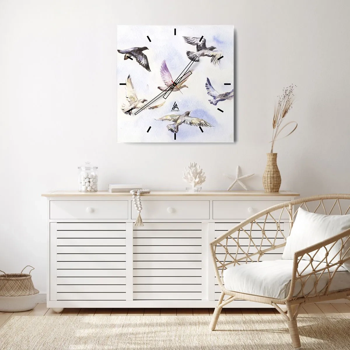 Väggklocka - Klocka på glas - Frihet i grått och blått - 40x40 cm