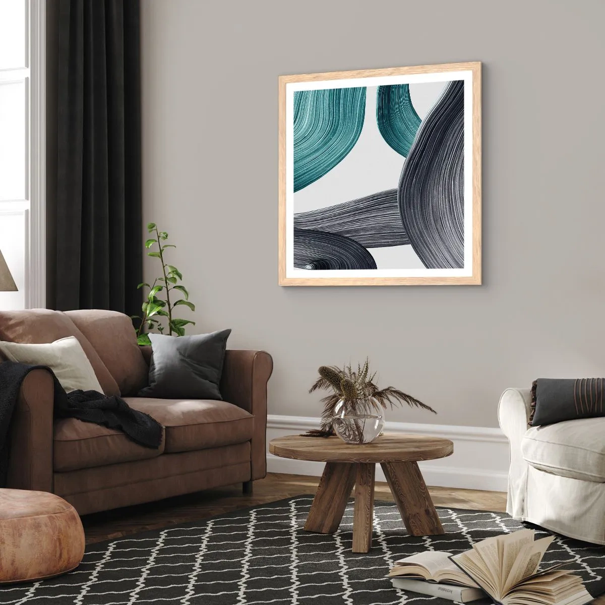 Affisch i ram av ljusek - Smaragd och svarta spår - 50x50 cm