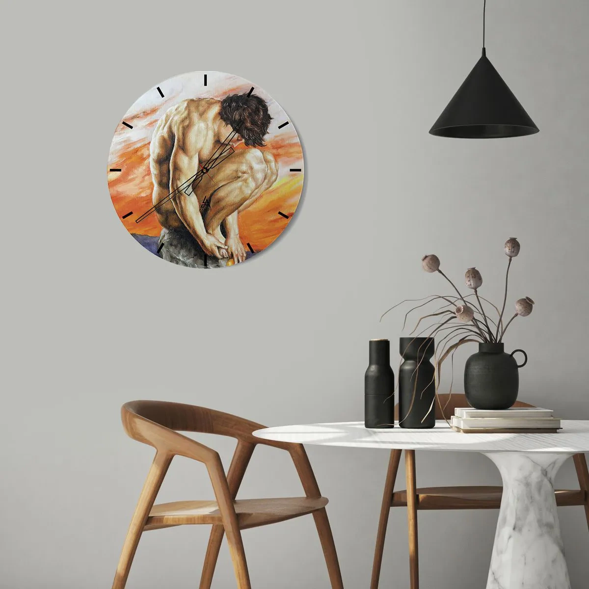 Väggklocka - Klocka på glas - En mansfigur i en konstnärlig pose mot en solnedgångsbakgrund. - 30x30cm - Försänkt i sig själv - Modern väggdekoration för vardagsrum, kök och sovrum ARTTOR