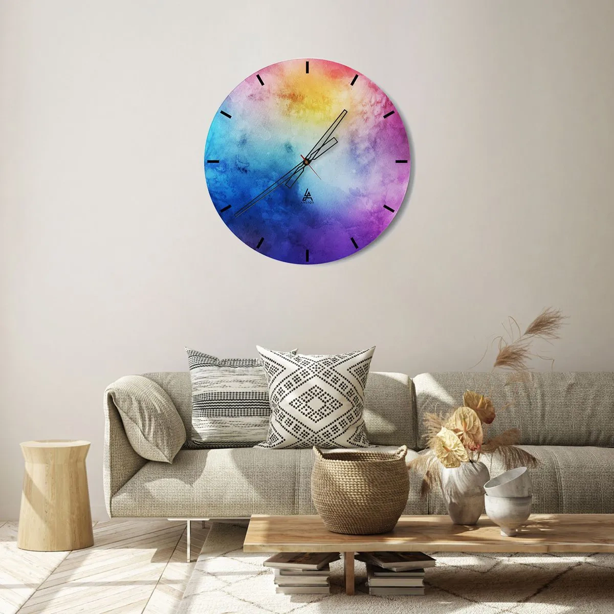 Väggklocka - Klocka på glas - En färgglad toning dominerad av blått, lila och gult. - 30x30cm - Nästan i sjunde himlen - Modern väggdekoration för vardagsrum, kök och sovrum ARTTOR