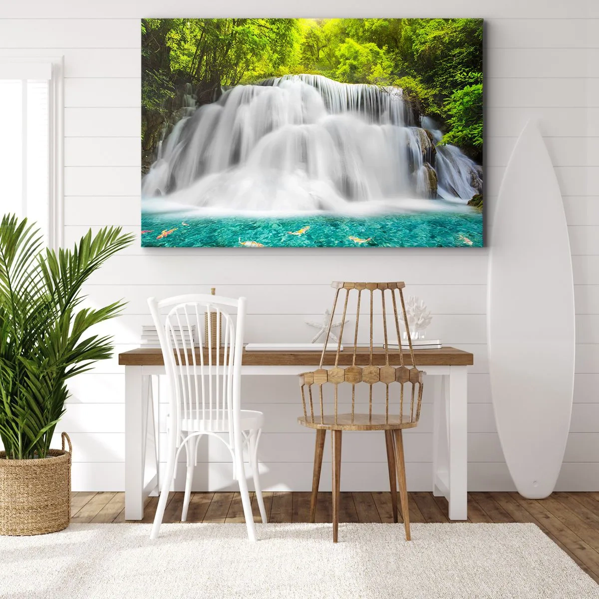 Canvastavla - Bild på duk - Ett vattenfall i en tropisk skog med turkost vatten - 70x50cm - Skummande kaskad från grönt till azur - Modern väggdekoration för vardagsrum och sovrum ARTTOR