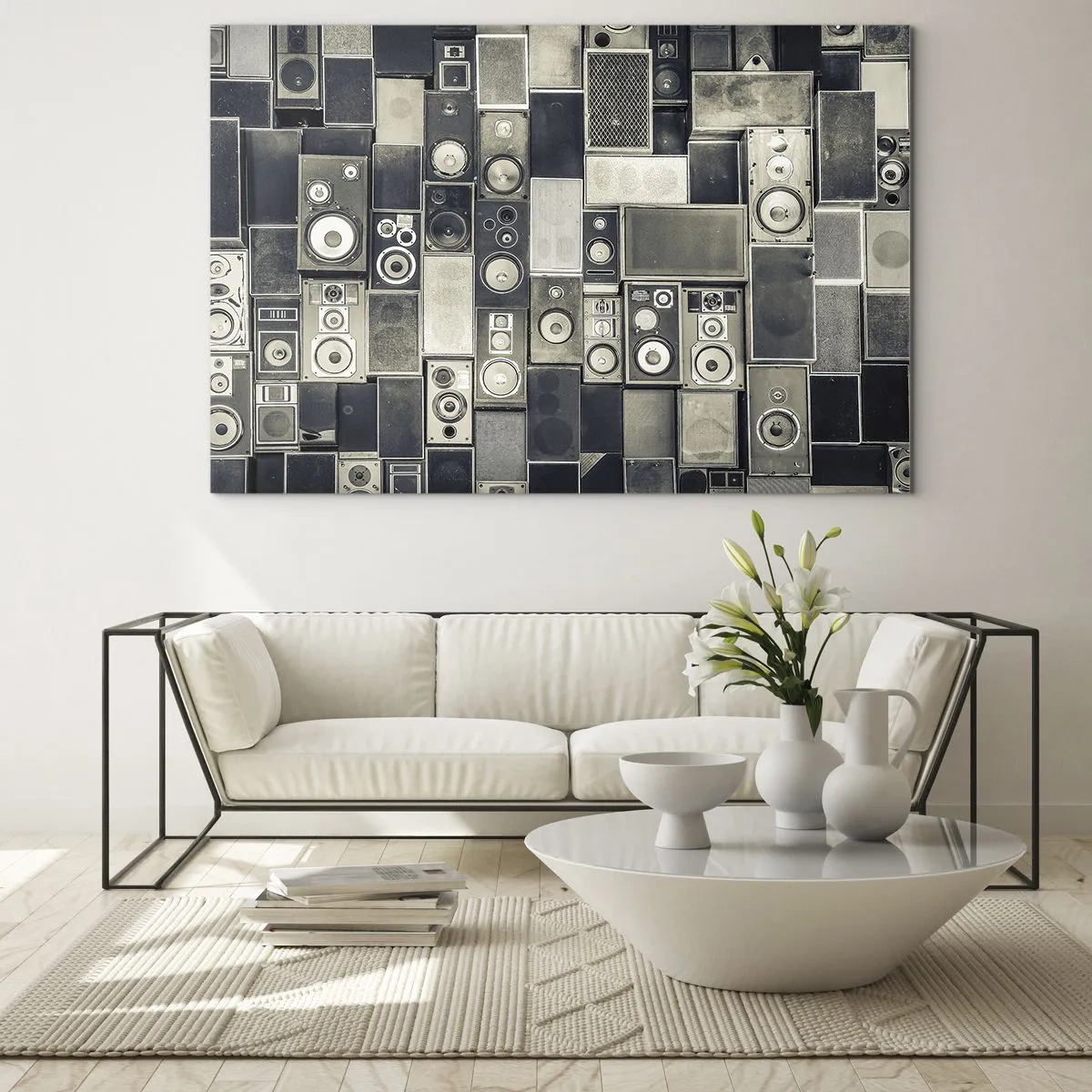 Glastavla - Bild på glas - En komposition av retrohögtalare i grå nyanser - 70x50cm - Allt väl - Modern väggdekoration för vardagsrum och sovrum ARTTOR