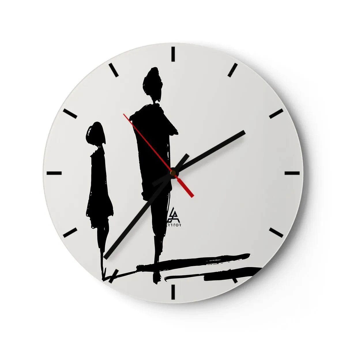 Väggklocka - Klocka på glas - Svarta silhuetter av två figurer på en vit bakgrund i en skissartad stil. - 30x30cm - Säkert tillsammans? - Modern väggdekoration för vardagsrum, kök och sovrum ARTTOR