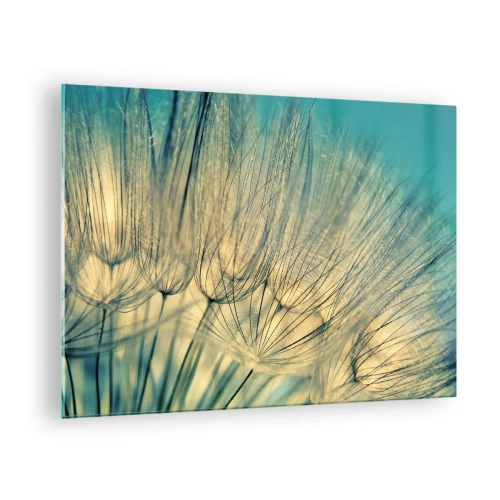 Glastavla - Bild på glas - Makrofotografi av en maskros mot en turkos bakgrund - 70x50cm - I väntan på vinden - Modern väggdekoration för vardagsrum och sovrum ARTTOR