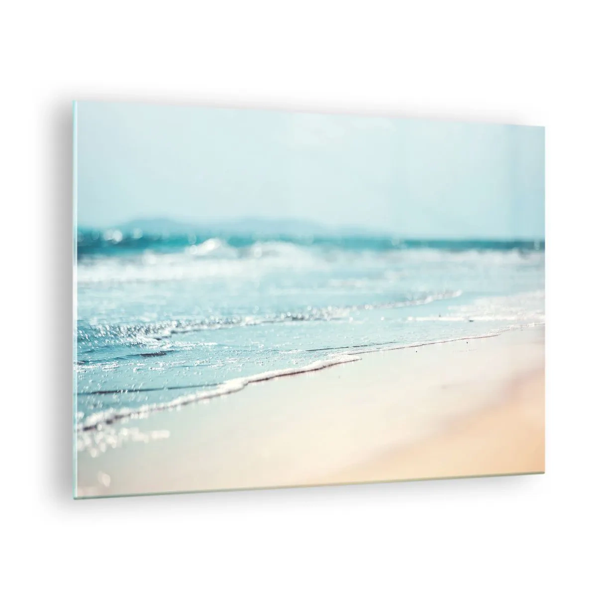Glastavla - Bild på glas - Milda havsvågor som sköljer över sandstranden - 70x50cm - Värme och brus - Modern väggdekoration för vardagsrum och sovrum ARTTOR