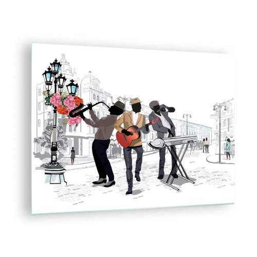 Glastavla - Bild på glas - Ett jazzband som spelar på gatan - 70x50cm - Gatumusik - Modern väggdekoration för vardagsrum och sovrum ARTTOR