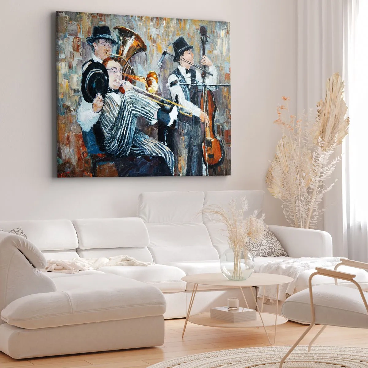 Canvastavla - Bild på duk - Jazzmusiker i målerisk stil under en konsert - 70x50cm - Hela den jazzmusiken - Modern väggdekoration för vardagsrum och sovrum ARTTOR