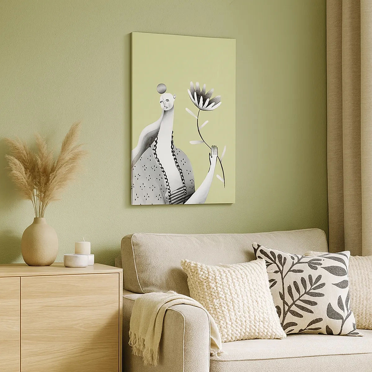 Canvastavla - Bild på duk - Modernistiskt porträtt - håller i en blomma - 50x70 cm