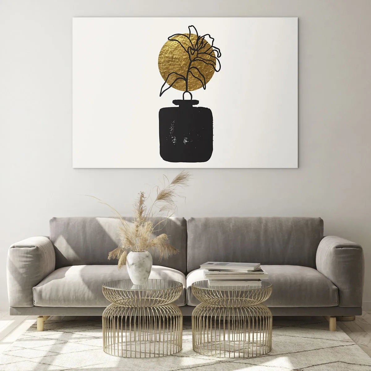 Glastavla - Bild på glas - Minimalistisk grafik med en blomma i en guldfärgad cirkel och en svart vas - 70x50cm - Guldvärd skönhet - Modern väggdekoration för vardagsrum och sovrum ARTTOR