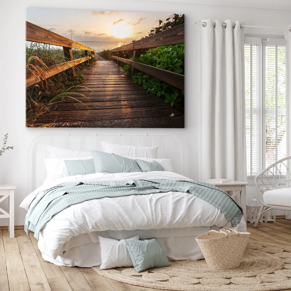 Canvastavla - Bild på duk - Träbrygga som leder till stranden vid solnedgången - 70x50cm - Direkt till stranden - Modern väggdekoration för vardagsrum och sovrum ARTTOR