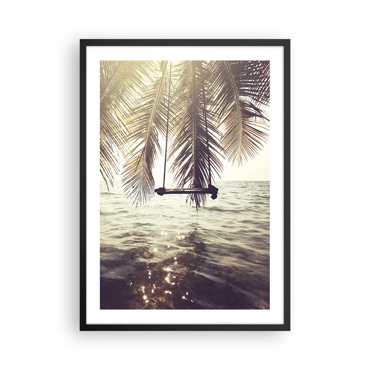 Affisch i svart ram - En gunga under palmerna vid det lugna havet - 50x70cm - Gunga i molnen hur mycket du vill - Modern väggdekoration för vardagsrum och sovrum ARTTOR