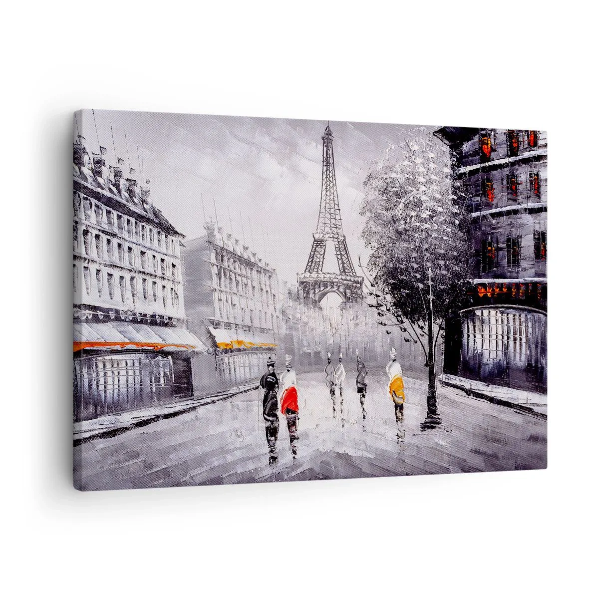 Canvastavla - Bild på duk - En vy över Eiffeltornet i en monokromatisk miljö med färgaccenter - 70x50cm - Promenad i Paris - Modern väggdekoration för vardagsrum och sovrum ARTTOR