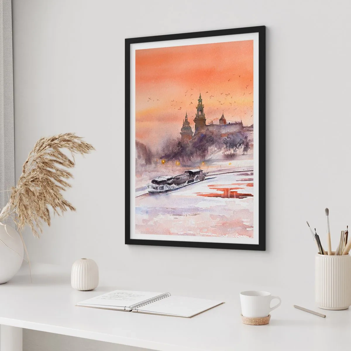 Affisch i svart ram - Akvarell stadsbild vid solnedgången - 50x70cm - Kunglig solnedgång - Modern väggdekoration för vardagsrum och sovrum ARTTOR