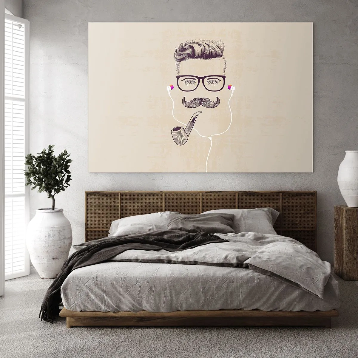 Glastavla - Bild på glas - En teckning av en stiliserad man med glasögon, mustasch och pipa. - 70x50cm - Riktig man? - Modern väggdekoration för vardagsrum och sovrum ARTTOR