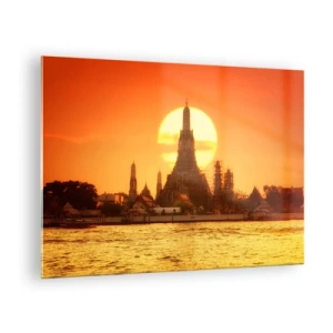 Glastavla - Bild på glas - Tempel vid solnedgången över floden - 70x50cm - Mot solen, alltid mot solen - Modern väggdekoration för vardagsrum och sovrum ARTTOR