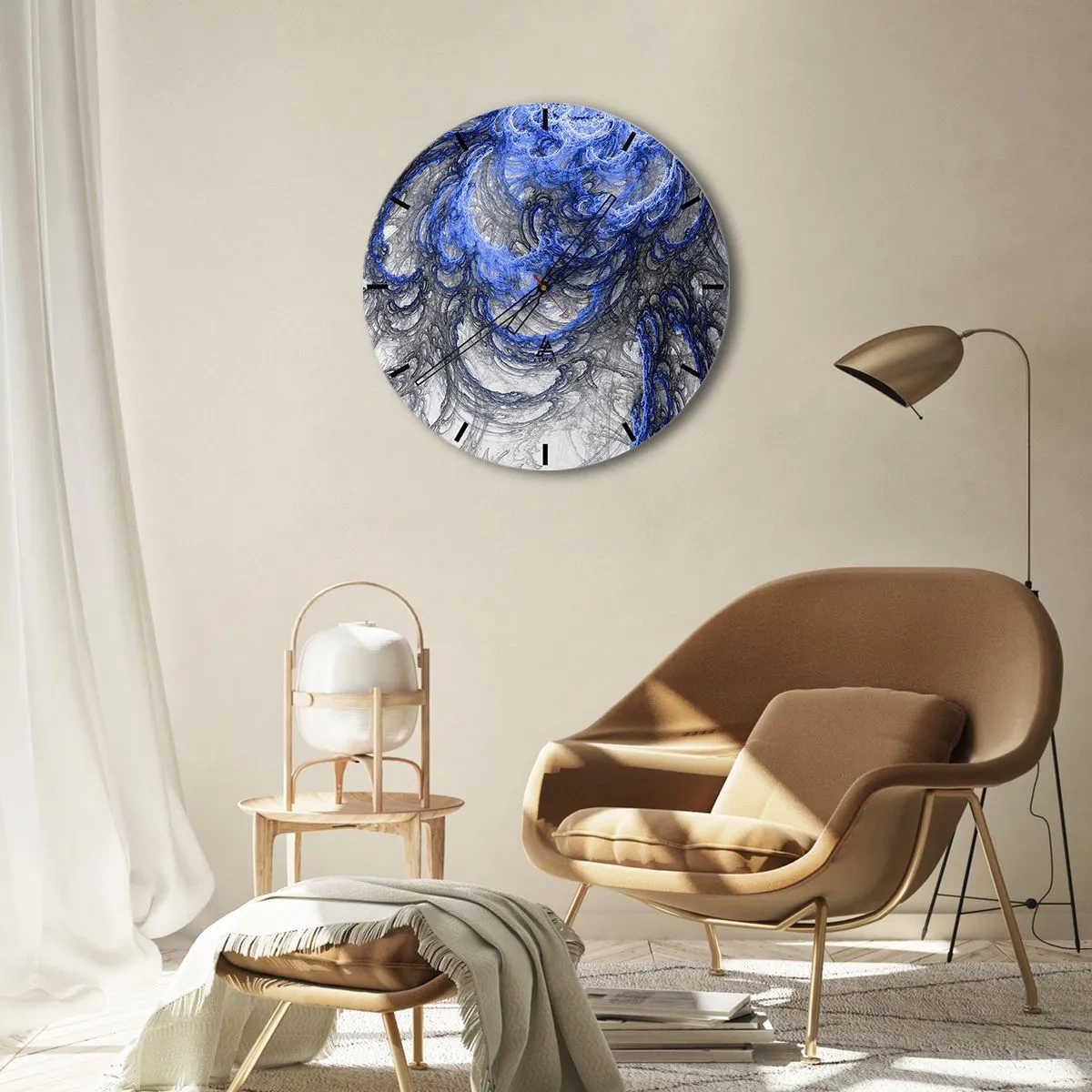 Väggklocka - Klocka på glas - Abstrakt vågmotiv i nyanser av blått och grått - 30x30cm - Vågens födsel - Modern väggdekoration för vardagsrum, kök och sovrum ARTTOR