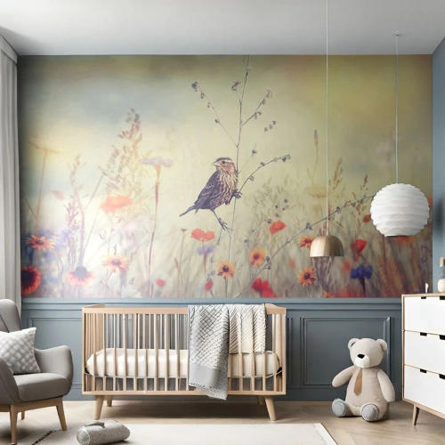 Självhäftande Fototapet Deluxe Sticker - Fågelporträtt med en äng i bakgrunden - Fågel, Äng, Natur - 150x105 cm