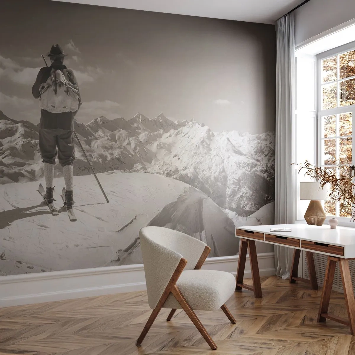Fototapet Premium Sand - Och fjällen är samma - Landskap, Berg, Skidåkare - 100x70 cm