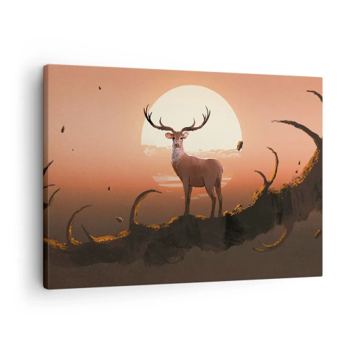 Canvastavla - Bild på duk - En hjort mot bakgrund av den nedgående solen och ett surrealistiskt landskap - 70x50cm - Denna natt är inte lik de andra - Modern väggdekoration för vardagsrum och sovrum ARTTOR