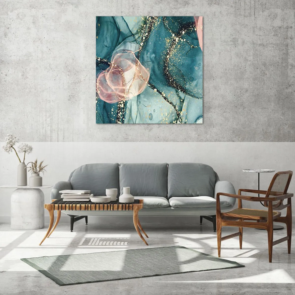 Glastavla - Bild på glas - Sidenblå, tyllrosa - 60x60 cm