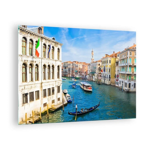 Glastavla - Bild på glas - En kanal i Venedig med gondoler och båtar på vattnet - 70x50cm - Den mest otypiska gatutrafiken i världen - Modern väggdekoration för vardagsrum och sovrum ARTTOR