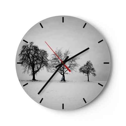 Väggklocka - Klocka på glas - Tre ensamma träd i ett snötäckt fält i svartvitt. - 30x30cm - Vad drömmer de om? - Modern väggdekoration för vardagsrum, kök och sovrum ARTTOR