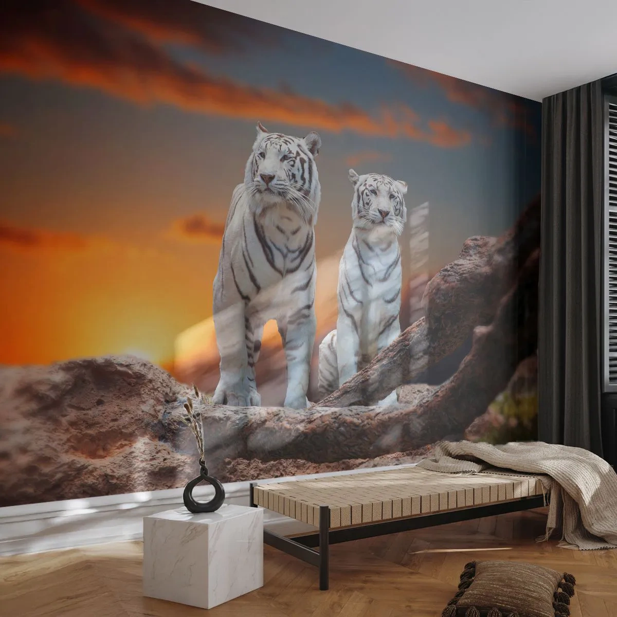 Fototapet på mått Självhäftande Deluxe Sticker - Helt som i Narnia - Djur, Tiger, Solnedgång