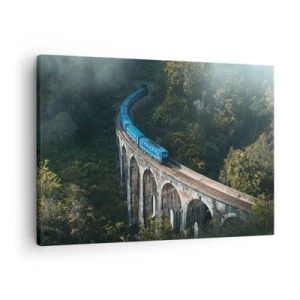 Canvastavla - Bild på duk - Ett blått tåg på en historisk viadukt bland skogarna - 70x50cm - Attraktion till naturen - Modern väggdekoration för vardagsrum och sovrum ARTTOR