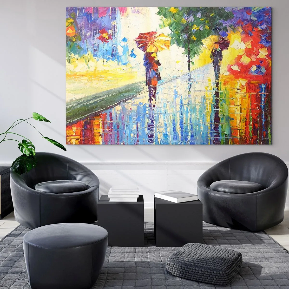 Glastavla - Bild på glas - En färgglad promenad i regnet med ett impressionistiskt paraply - 70x50cm - Allt klart - Modern väggdekoration för vardagsrum och sovrum ARTTOR