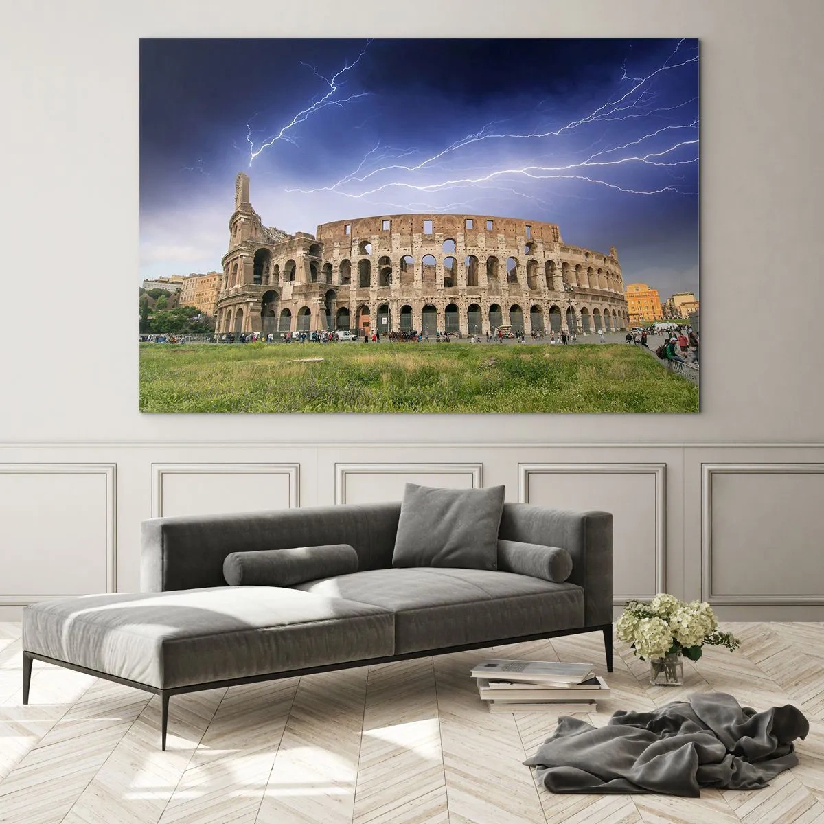 Glastavla - Bild på glas - Colosseum i Rom under ett åskväder - 70x50cm - Kamparena - Modern väggdekoration för vardagsrum och sovrum ARTTOR