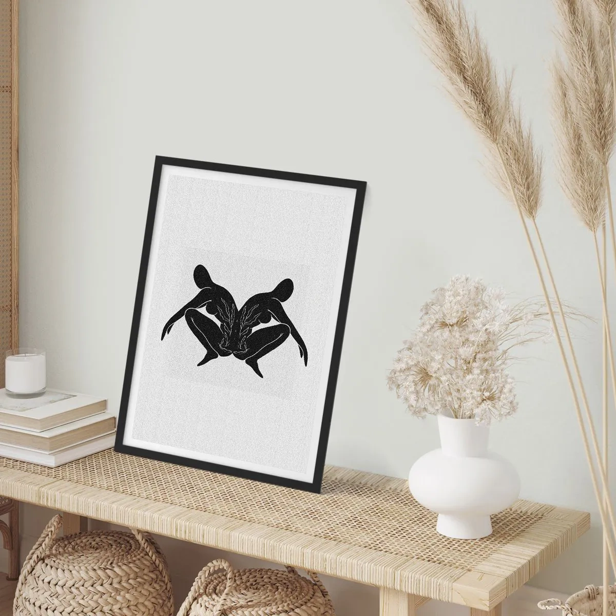 Affisch i svart ram - Svarta silhuetter av figurer i en symmetrisk komposition - 50x70cm - En delad själ - Modern väggdekoration för vardagsrum och sovrum ARTTOR