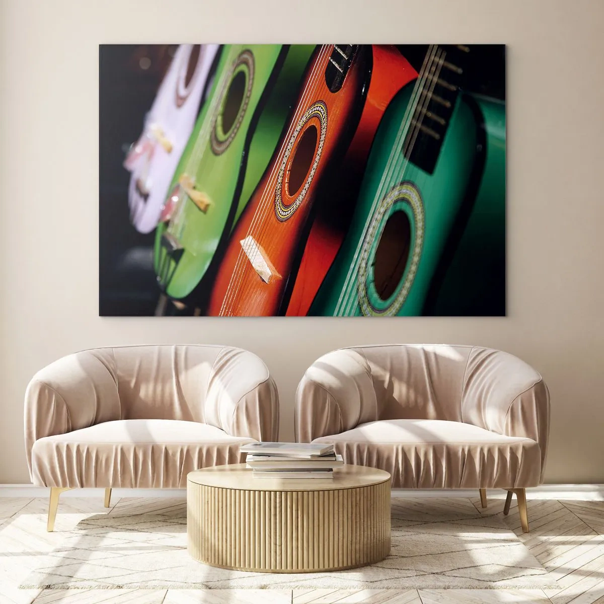 Glastavla - Bild på glas - Färgglada gitarrer i rad - 70x50cm - Gitarren har flera färger - Modern väggdekoration för vardagsrum och sovrum ARTTOR