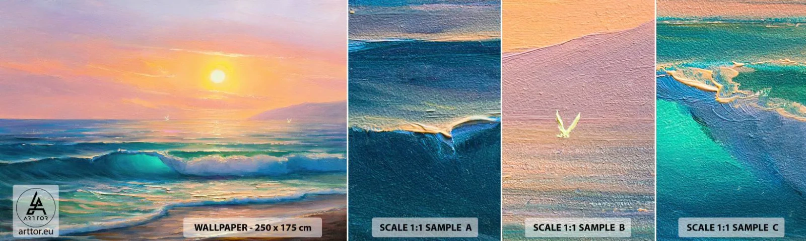 Provbit av självhäftande fototapet Deluxe Sticker - Vågvisa i turkos - Abstraktion, Landskap, Hav - 100x30 cm