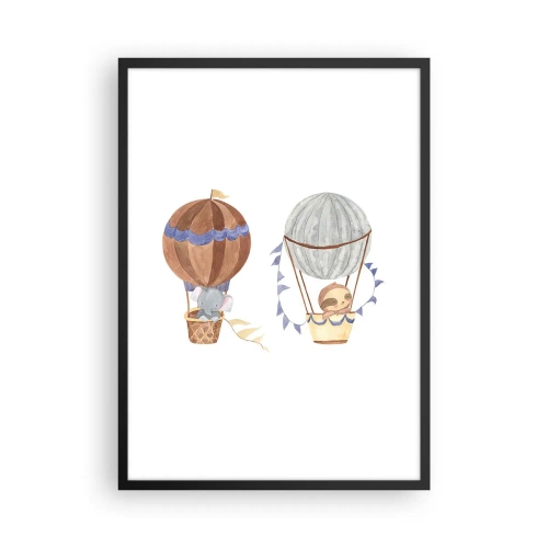 Affisch i svart ram - Söta djur i ballonger på en vit bakgrund i akvarellstil - 50x70cm - Vänner på en resa - Modern väggdekoration för vardagsrum och sovrum ARTTOR