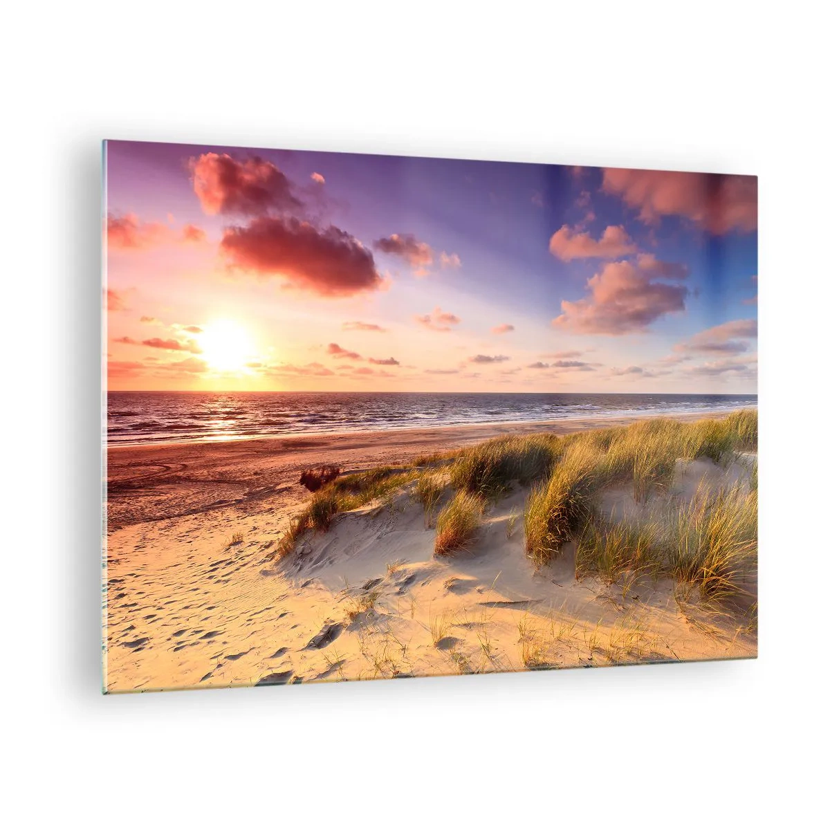 Glastavla - Bild på glas - Strand med sanddyner vid solnedgången - 70x50cm - Luften luktar sommar - Modern väggdekoration för vardagsrum och sovrum ARTTOR