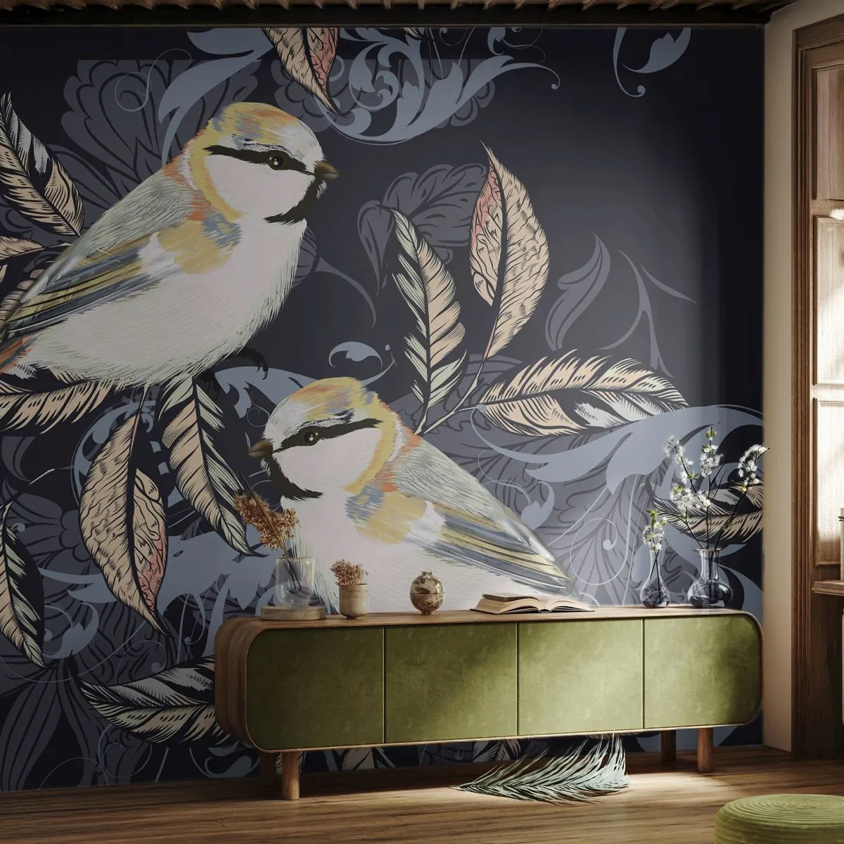 Självhäftande Fototapet Deluxe Sticker - Gul-grå fågelsång - Abstraktion, Fåglar, Löv - 450x315 cm