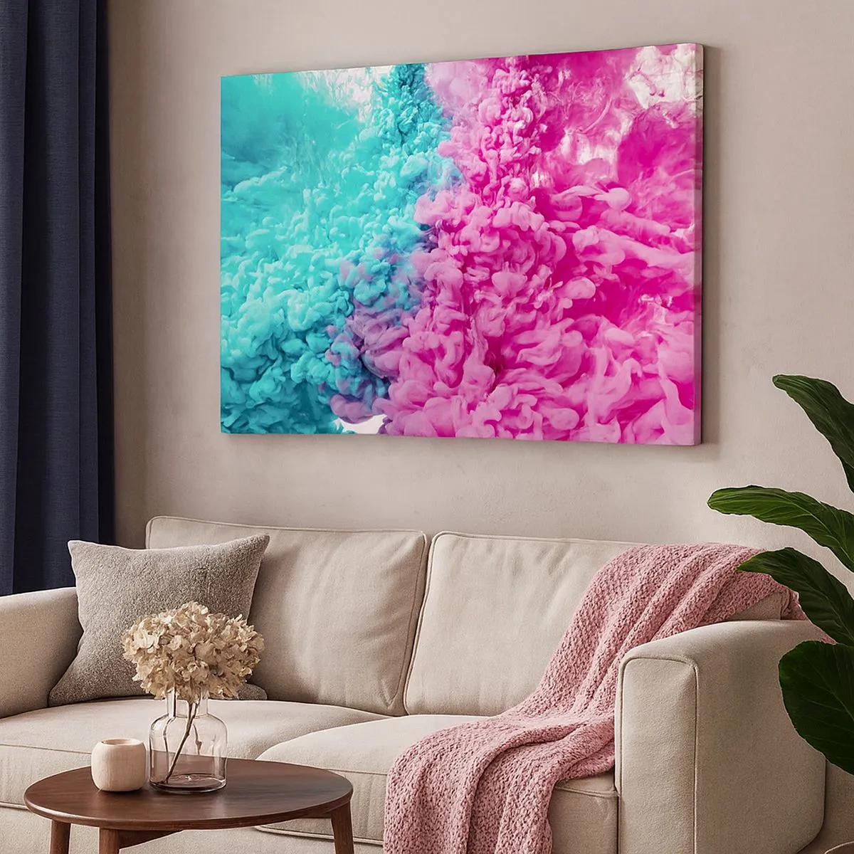 Canvastavla - Bild på duk - Färgglada vågor av turkos och rosa i abstrakt form - 70x50cm - Avgörande möte - Modern väggdekoration för vardagsrum och sovrum ARTTOR