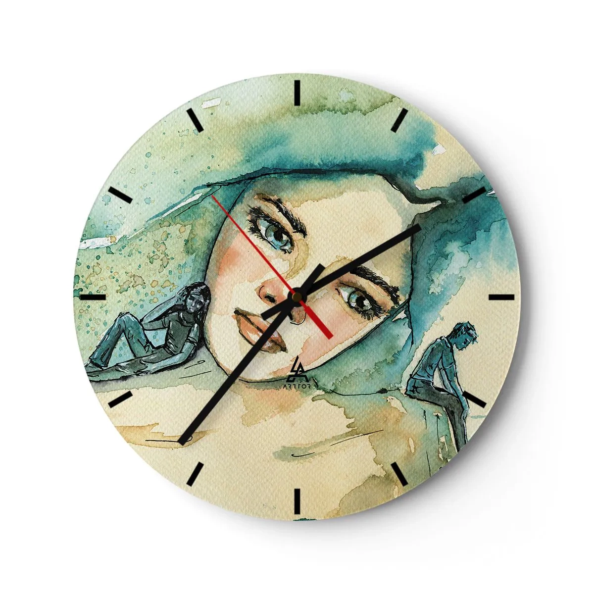 Väggklocka - Klocka på glas - Konstnärligt porträtt av en kvinna och silhuetter i nyanser av blått - 30x30cm - Am I blue? - Modern väggdekoration för vardagsrum, kök och sovrum ARTTOR
