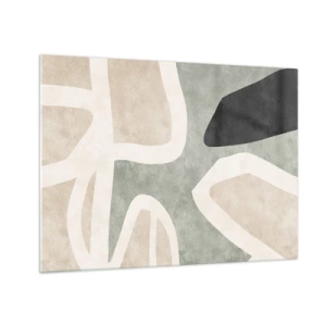 Glastavla - Bild på glas - Abstrakta former i beige och grönt med en touch av svart - 70x50cm - Komposition med svart motiv - Modern väggdekoration för vardagsrum och sovrum ARTTOR