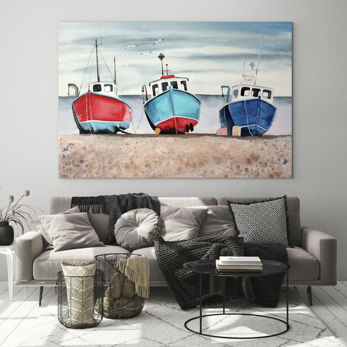 Glastavla - Bild på glas - Tre färgglada fiskebåtar på stranden - 70x50cm - Redo för fångst - Modern väggdekoration för vardagsrum och sovrum ARTTOR