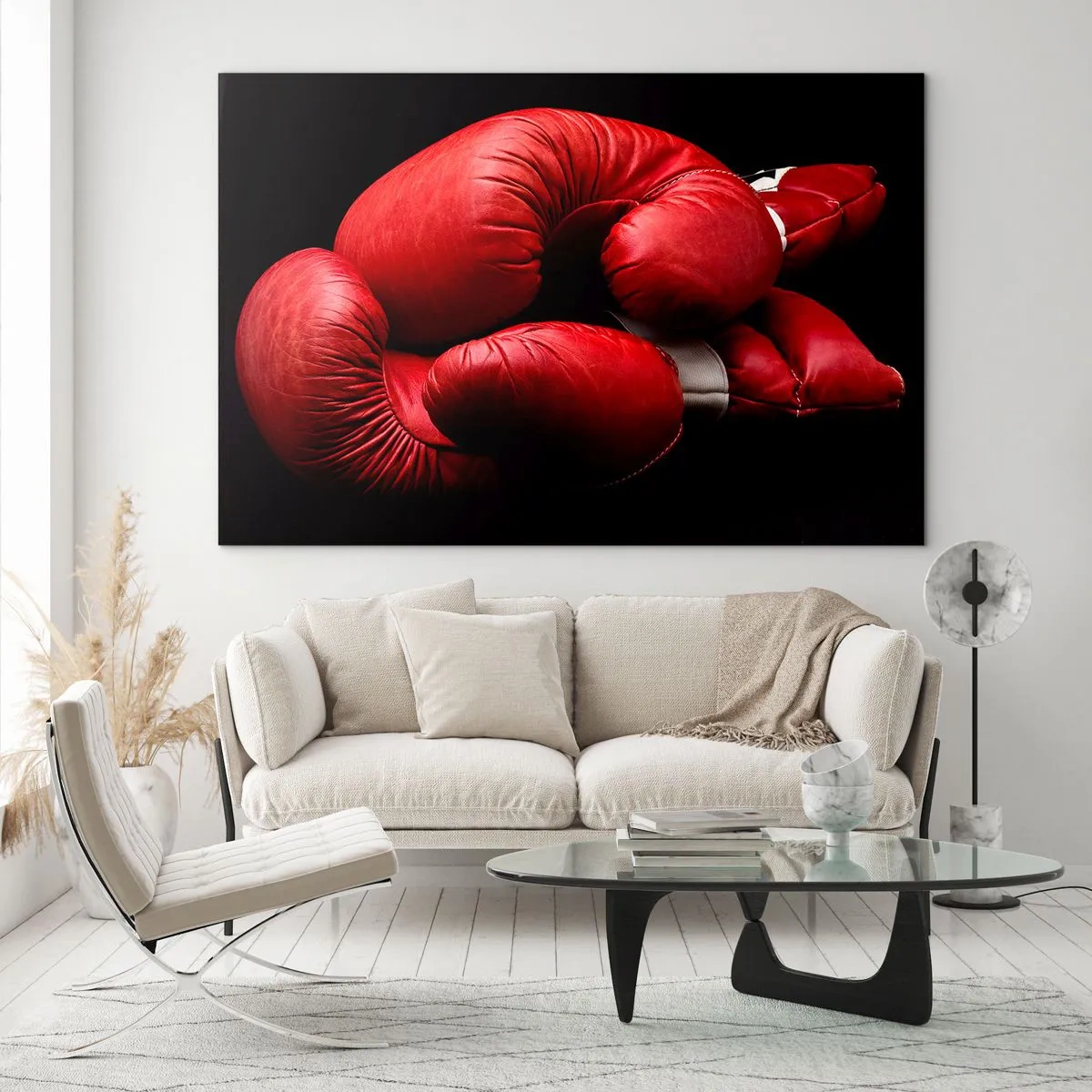 Glastavla - Bild på glas - Röda boxningshandskar på svart bakgrund - 70x50cm - Kampens emotioner bakom oss - Modern väggdekoration för vardagsrum och sovrum ARTTOR