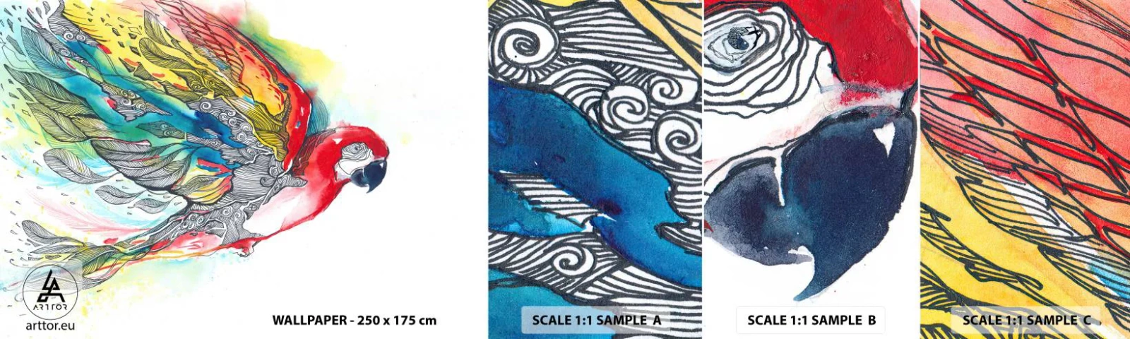 Provbit av självhäftande fototapet Deluxe Sticker - Lev färgglatt - Fågel, Papegoja, Färgglada fjädrar - 100x30 cm