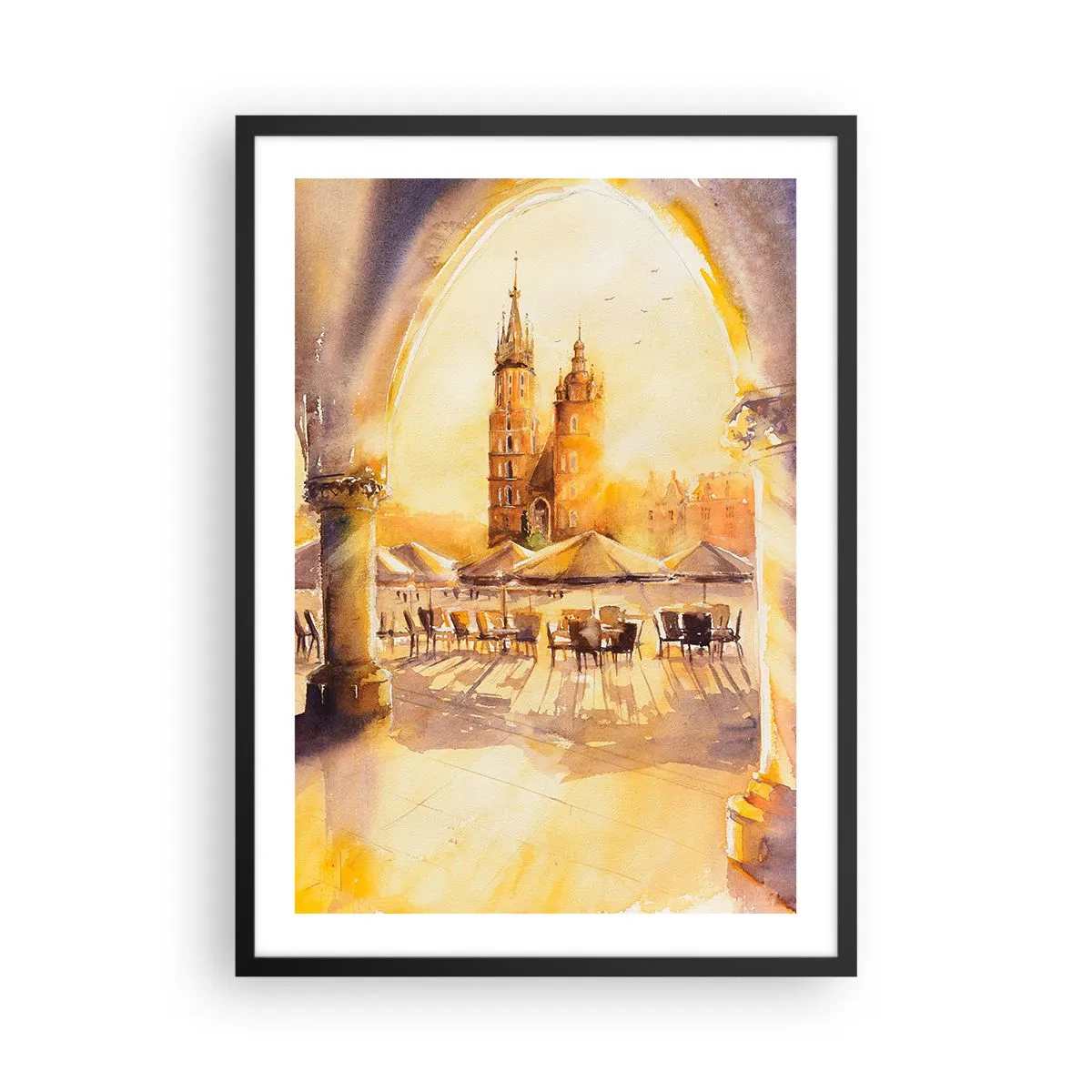 Affisch i svart ram - En akvarell som föreställer Krakows marknadstorg i solnedgången. - 50x70cm - Gryning över marknaden i Kraków - Modern väggdekoration för vardagsrum och sovrum ARTTOR