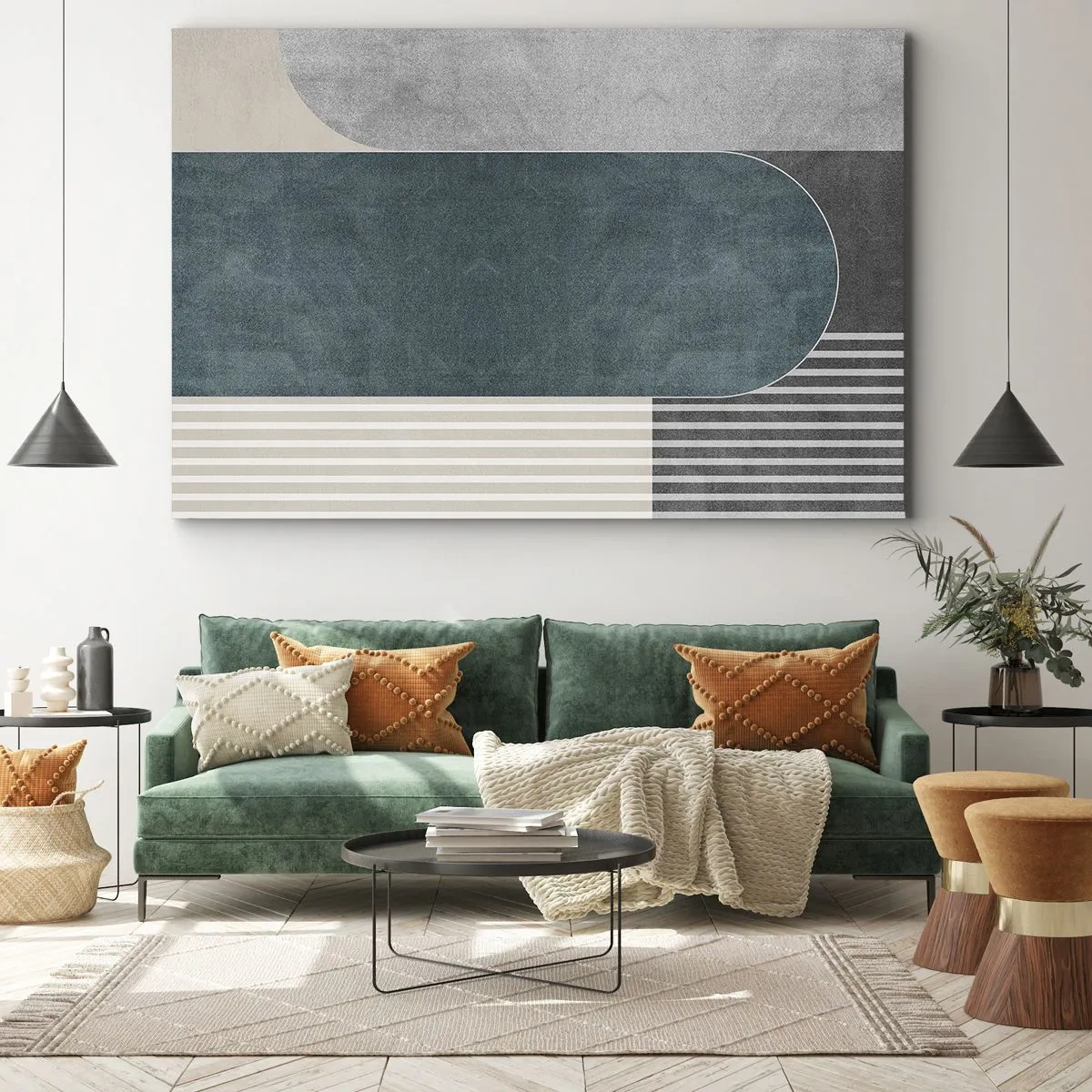 Canvastavla - Bild på duk - Geometrisk abstraktion i nyanser av grått och grönt - 70x50cm - Horisontell komposition - Modern väggdekoration för vardagsrum och sovrum ARTTOR