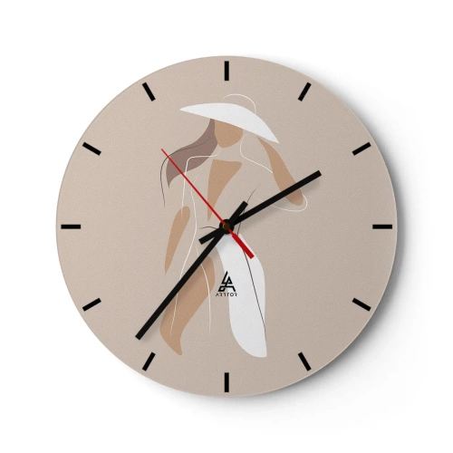 Väggklocka - Klocka på glas - Snygg kvinna i hatt på beige bakgrund - 30x30cm - Mode är lek - Modern väggdekoration för vardagsrum, kök och sovrum ARTTOR