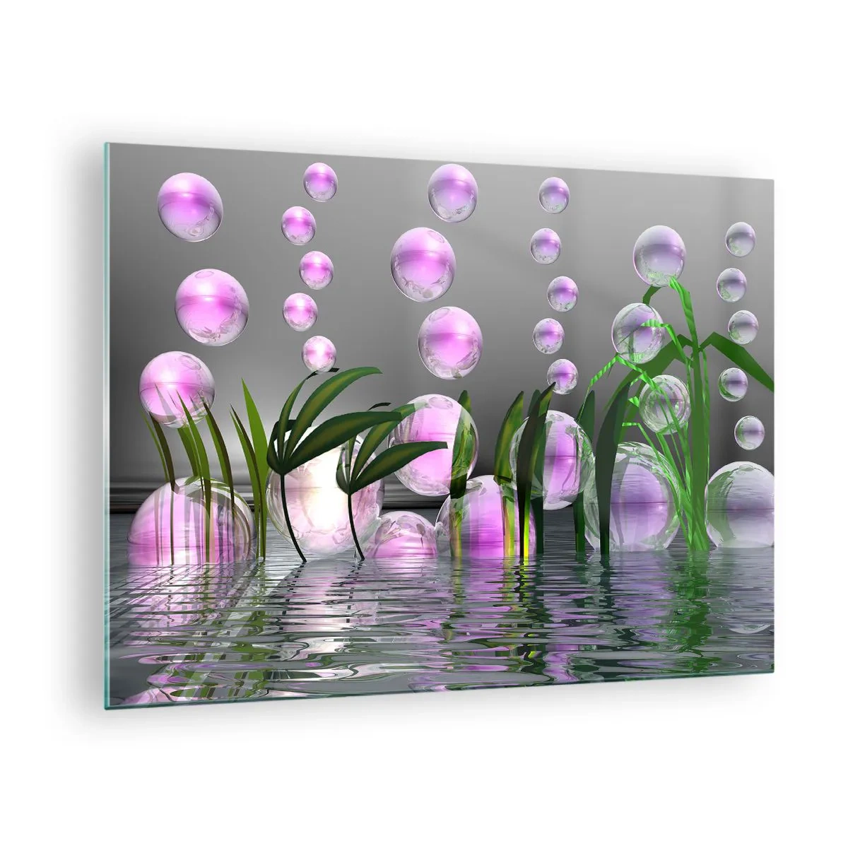 Glastavla - Bild på glas - Lila bubblor som flyter ovanför vatten med växter - 70x50cm - Tankeväckande komposition av lätthet och liv - Modern väggdekoration för vardagsrum och sovrum ARTTOR